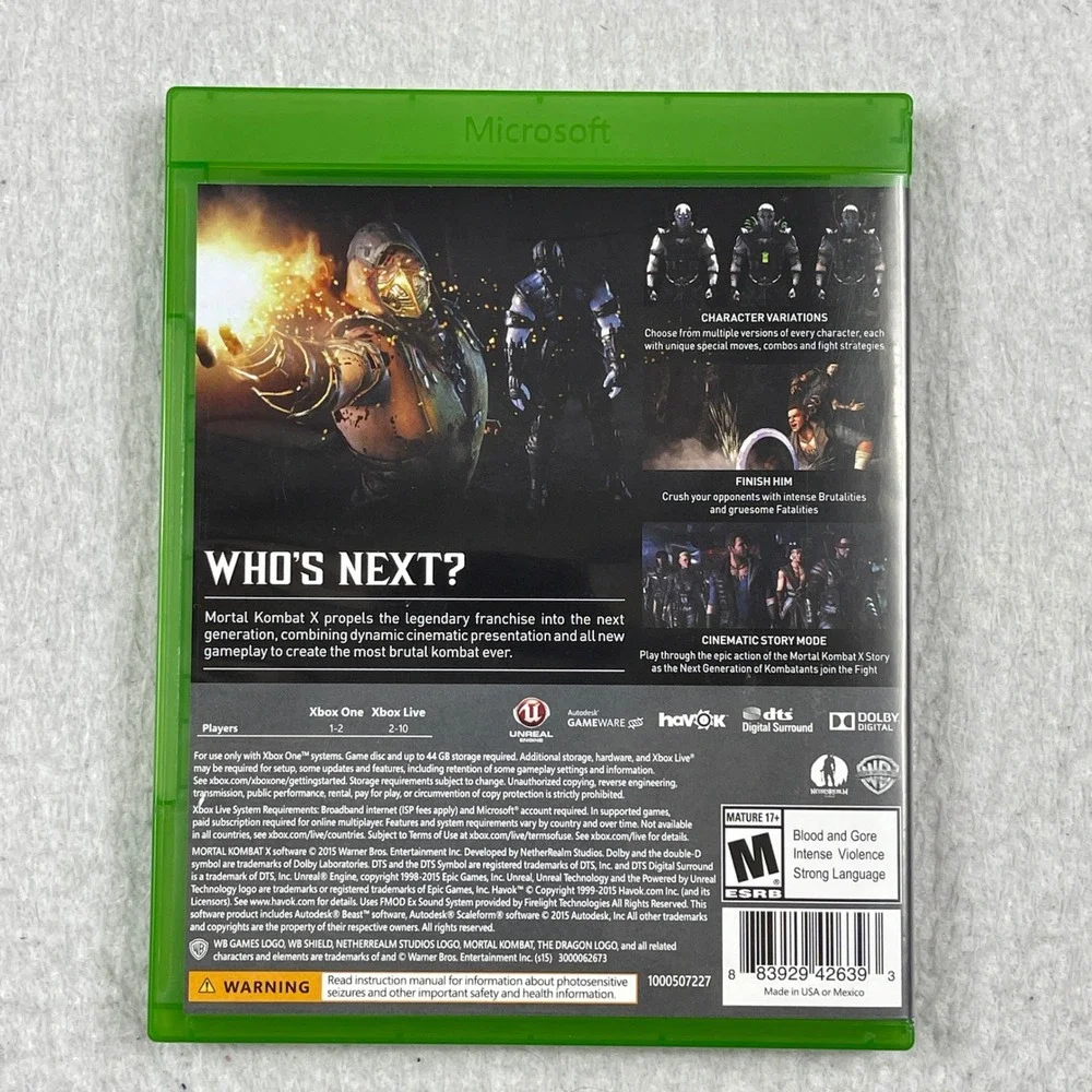 Warner Bros Mortal Kombat X Xbox One‎ Mature M Green Case Fighting Game 2015